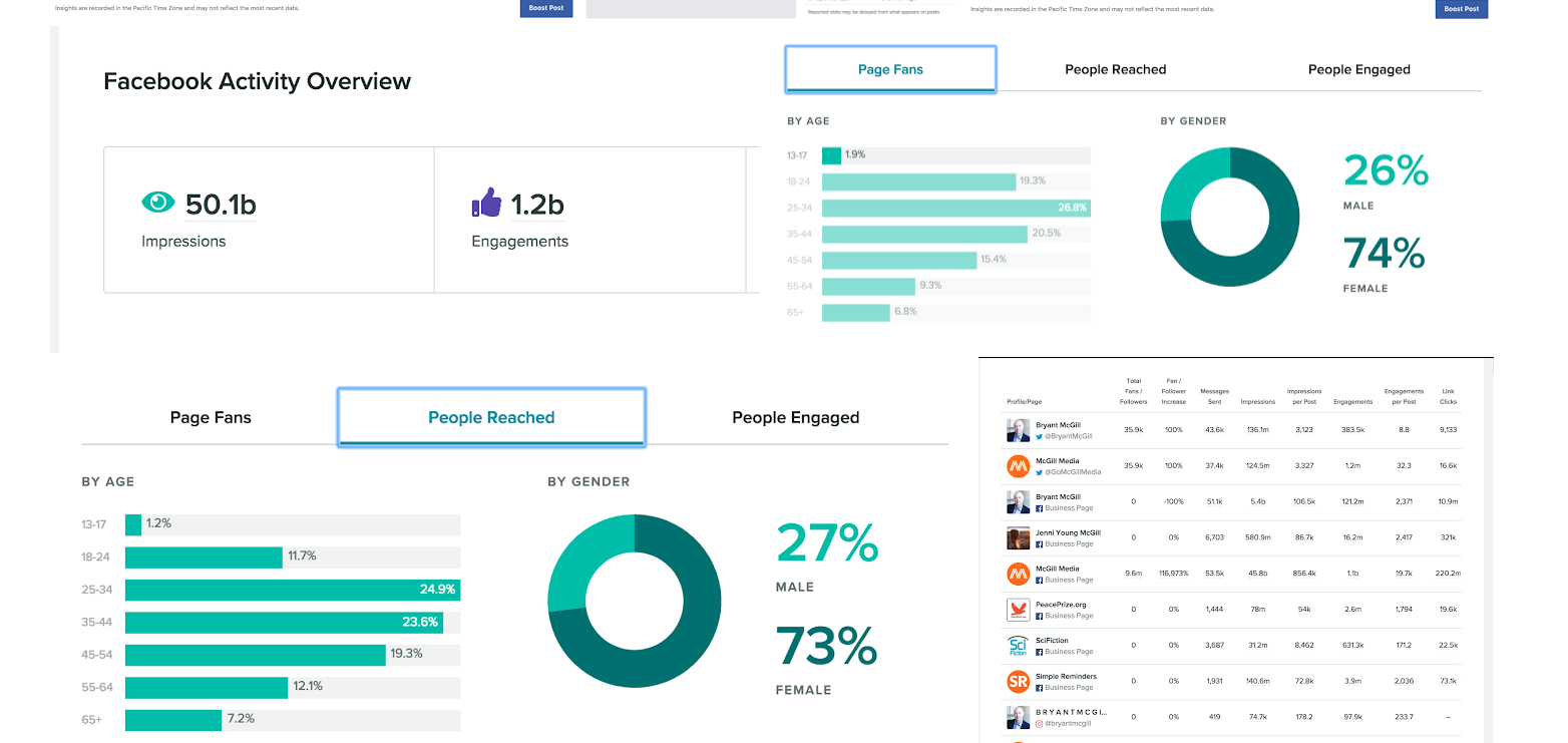 Facebook Activity Overview showing 50.1B impressions and 1.2B engagements